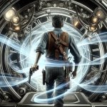 a time traveler with gun going in a through a time machine with