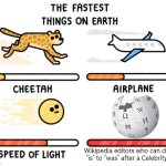 I'm still wondering how are they so damm fast like Sonic. | Wikipedia editors who can change "is" to "was" after a Celebrity dies | image tagged in fastest thing possible,memes,wikipedia | made w/ Imgflip meme maker