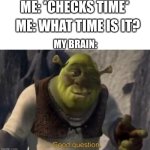 Shrek good question | ME: *CHECKS TIME*; ME: WHAT TIME IS IT? MY BRAIN: | image tagged in am i stupid,tags | made w/ Imgflip meme maker
