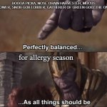 Thanos - Allergy Season | BOOGA PICKA, NOSE GRAIN HARVESTER, MUCUS MOWER, SNOB GOB LOBBER, GATHERER OF GREEN GOO, THE ONE; for allergy season | image tagged in blank thanos balence,booga picka,nose grain harvester,mucus mower,snob gob lobber,gatherer of green goo | made w/ Imgflip meme maker