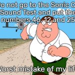 Don't do this. | Do not go to the Sonic CD
Sound Test and put the
numbers 46, 12 and 25; Worst mistake of my life | image tagged in peter griffin running away | made w/ Imgflip meme maker