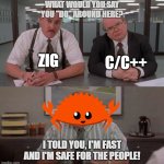 Justify Rust | WHAT WOULD YOU SAY YOU "DO" AROUND HERE? ZIG; C/C++; I TOLD YOU, I'M FAST AND I'M SAFE FOR THE PEOPLE! | image tagged in what would you say you do here | made w/ Imgflip meme maker