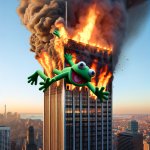 a kermit the frog puppet falling off a building that is on fire template