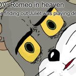 Unsettled Tom Meme | POV: Romeo in heaven; after finding out Juliet was playing dead | image tagged in memes,unsettled tom | made w/ Imgflip meme maker