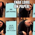 Gru's Plan Meme | FNAF LORE ON PAPER:; we get money; We make pizzeria; we let children die to a man in purple; We continue to make pizzerias and burn them | image tagged in memes,gru's plan | made w/ Imgflip meme maker