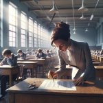Invigilator in a gcse exam hall moving the piece of papr with ex