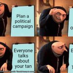 Trump in a nutshell | Plan a political campaign; Spend hours on policy; Everyone talks about your tan; Everyone talks about your tan | image tagged in memes,gru's plan | made w/ Imgflip meme maker