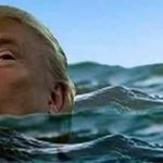 Trump in water over his head. Ocean, drowning, incompetence. meme