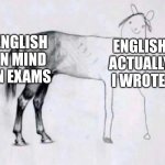 Horse Drawing | ENGLISH IN MIND IN EXAMS; ENGLISH ACTUALLY I WROTE | image tagged in horse drawing | made w/ Imgflip meme maker
