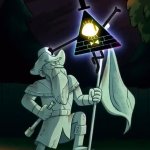 Bill cipher standing on statue