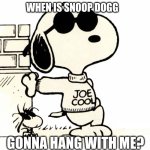 seriously when will the crossover finally happen | WHEN IS SNOOP DOGG; GONNA HANG WITH ME? | image tagged in snoopy joe cool,snoop dogg,peanuts,crossover | made w/ Imgflip meme maker
