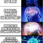 What is that? | TF IS THAT; PRAY TELL, WHAT ON EARTH IS THAT? WHAT IN THE NAME OF ALL THAT IS UNHOLY IS THIS? I SAY, WHAT IN THE REALMS OF THE INCOMPREHENSIBLE AND THE UTTERLY BEWILDERING COULD THAT PECULIAR SPECTACLE POSSIBLY BE? | image tagged in memes,expanding brain | made w/ Imgflip meme maker