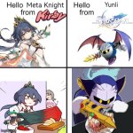 That's some... very interesting way to cut the foods. | Meta Knight; Yunli | image tagged in hello person from,honkai star rail,meta knight | made w/ Imgflip meme maker