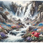 Waterfall with flowers
