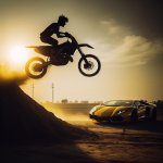 Person on a dirt bike jumping a Lamborghini
