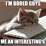 Bored Keyboard Cat | I'M BORED GUYS; GIVE ME AN INTERESTING STORY | image tagged in bored keyboard cat | made w/ Imgflip meme maker