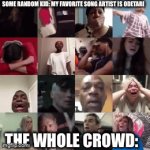 I would Rather eat a loaf of Dog Poop Than Listen to anything by Odetari | SOME RANDOM KID: MY FAVORITE SONG ARTIST IS ODETARI; THE WHOLE CROWD: | image tagged in gifs,truth,odetari,song artist hate,song artist,music | made w/ Imgflip video-to-gif maker