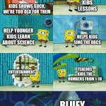 The Vyond Community Hating Kids Shows For Dumb Reasons | TEACHES KIDS LESSONS; KIDS SHOWS SUCK, WE’RE TOO OLD FOR THEM; HELP YOUNGER KIDS LEARN ABOUT SCIENCE; HELPS KIDS SING THE ABCS; ENTERTAINMENT; TEACHES KIDS THE NUMBERS FROM 1-10; BLUEY | image tagged in spongebob diapers meme | made w/ Imgflip meme maker