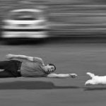 Dog pulling man along on leash
