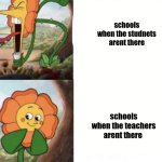 is this true? | schools when the studnets arent there; schools when the teachers arent there | image tagged in cagney carnation | made w/ Imgflip meme maker