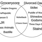Grocerycore vs Divorced Dad Rock | Grocerycore; Divorced Dad Rock; Skillet; Imagine Dragons; Puddle of Mudd; OneRepublic; Shinedown; Nickelback; Maroon 5; Godsmack; AJR; 3 Doors Down; Three Days Grace; Glass Animals; Staind; Bastille | image tagged in venn diagram,music,gacha life,nickleback,maroon 5,imagine dragons | made w/ Imgflip meme maker