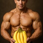 Bodybuilder holding bananas portrait