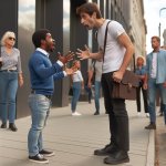 midget arguing with a tall man