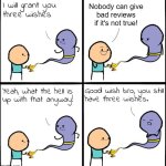 3 Wishes | Nobody can give
bad reviews
if it's not true! | image tagged in 3 wishes,uber | made w/ Imgflip meme maker
