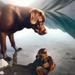 reflection of a dog looking in the water