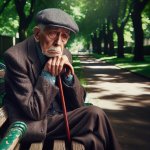 An elderly man sitting alone on a bench in the park, looking sad