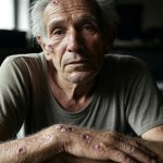 Old man with open sores on arms and face JPP