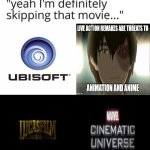 4 horsemen of skipping | image tagged in 4 horsemen of skipping,lucasfilm,marvel cinematic universe,ubisoft,live action remakes,walt disney | made w/ Imgflip meme maker