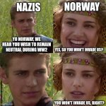 Neutral Norway | NAZIS; NORWAY; YO NORWAY, WE HEAR YOU WISH TO REMAIN NEUTRAL DURING WW2; YES, SO YOU WON'T INVADE US? YOU WON'T INVADE US, RIGHT? | image tagged in anakin padme 4 panel | made w/ Imgflip meme maker