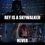 yes | REY IS A SKYWALKER; NEVER | image tagged in memes,star wars no | made w/ Imgflip meme maker