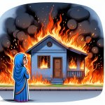 casa en llamas con una persona mirando la casa tranquilamente