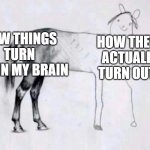 LOL | HOW THINGS TURN OUT IN MY BRAIN; HOW THEY ACTUALL TURN OUT | image tagged in horse drawing | made w/ Imgflip meme maker