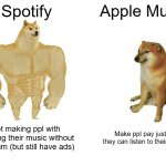 Buff Doge vs. Cheems Meme | Spotify; Apple Music; Not making ppl with listening their music without premium (but still have ads); Make ppl pay just so they can listen to their music | image tagged in memes,buff doge vs cheems,spotify,apple | made w/ Imgflip meme maker