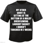 People's obsession to post everything they think, do, or believe for public entertainment should lead to this soon! | MY OTHER SHIRT IS SITTING AT THE BOTTOM OF A MOLDY OVERFLOWING LAUNDRY BASKET I HAVEN'T TOUCHED IN 2 WEEKS | image tagged in blank t-shirt,social media,posting,modern problems require modern solutions,no one cares,get a life | made w/ Imgflip meme maker