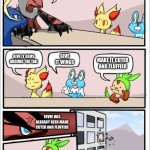 Brainstorming looks for Mega Eevee | WHAT DO YOU WANT MEGA EEVEE TO LOOK LIKE? GIVE IT GEMS AROUND THE TAIL; GIVE IT WINGS; MAKE IT CUTER AND FLUFFIER; EEVEE HAS ALREADY BEEN MADE CUTER AND FLUFFIER; OOPS… | image tagged in pokemon board meeting,pokemon | made w/ Imgflip meme maker