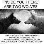 Ah, the wonders of having both | ONE IS AUTISTIC AND HYPER-FIXATES ON SPECIAL INTERESTS, THE OTHER HAS ADHD AND CAN'T FOCUS ON THOSE INTERESTS FOR MORE THAN 2 MINUTES | image tagged in inside you there are two wolves,memes,adhd,autism | made w/ Imgflip meme maker