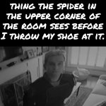 I should have made this 8 panels to represent the spiders 8 eyes. | POV: The last thing the spider in the upper corner of the room sees before I throw my shoe at it. | image tagged in homelander staring,spider,pov | made w/ Imgflip meme maker