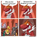 Tyrantrum bad joke | Because their daughter is a tom-boy! Why are the parents confused? | image tagged in tyrantrum bad joke,parents,daughters,tomboy,jokes,confused | made w/ Imgflip meme maker