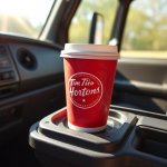 Coffee cup in cupholder of a van