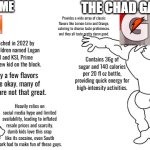 I was bored, so here's a random comparison I did. | THE VIRGIN PRIME; THE CHAD GATORADE; Provides a wide array of classic flavors like Lemon-Lime and Orange, catering to diverse taste preferences. and they all taste pretty damn good. Established partnerships with professional sports leagues and teams, solidifying its reputation in the athletic community. it is an icon in the world of sports. Tries to appeal to the health-conscious crowd, it claims to be a "Hydration Drink" and yet it's too sweet. Launched in 2022 by Manchildren named Logan Paul and KSI, Prime is the new kid on the block. Contains 36g of sugar and 140 calories per 20 fl oz bottle, providing quick energy for high-intensity activities. Developed in 1965 by University of Florida scientists to hydrate athletes who were suffering from the heat, Gatorade has YEARS of proven performance showing heavy success. Only a few flavors taste okay. many of them are not that great. Contains 700mg of potassium and 124mg of magnesium, but only 10mg of sodium, which won't effectively replenish electrolytes lost from workouts. Heavily relies on social media hype and limited availability, leading to inflated resale prices and scarcity. dumb kids love this crap like its cocaine, even South Park had to make fun of these guys. Offers 270mg of sodium and 80mg of potassium, effectively replacing electrolytes lost through sweat. it doe's a good job in warm weather like in Florida or Texas. | image tagged in prime,memes,comparison,virgin vs chad,florida,drinks | made w/ Imgflip meme maker