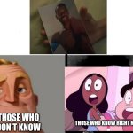 When you see the picture, you know! (the strange thing about the Johnsons) | THOSE WHO DON'T KNOW; THOSE WHO KNOW RIGHT NOW | image tagged in steven universe,mr incredible becoming uncanny,memes,johnson | made w/ Imgflip meme maker