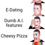 It is also used for gaming, but just... *sigh* | Scams; Catfishing; E-Dating; Dumb A.I. features; Cheesy Pizza; Bad moderation; Discord | image tagged in clown applying makeup extended,discord,sad but true | made w/ Imgflip meme maker