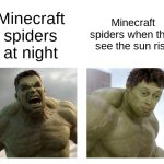 Hulk angry then realizes he's wrong | Minecraft spiders when they see the sun rise; Minecraft spiders at night | image tagged in hulk angry then realizes he's wrong | made w/ Imgflip meme maker