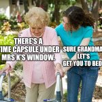 Sure grandma let's get you to bed | THERE'S A TIME CAPSULE UNDER MRS K'S WINDOW. SURE GRANDMA. LET'S GET YOU TO BED. | image tagged in sure grandma let's get you to bed | made w/ Imgflip meme maker