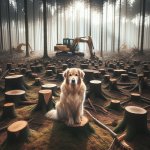 The dog sitting calmly in a forest where all the trees are stump