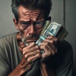Guy holding money, looking stressed